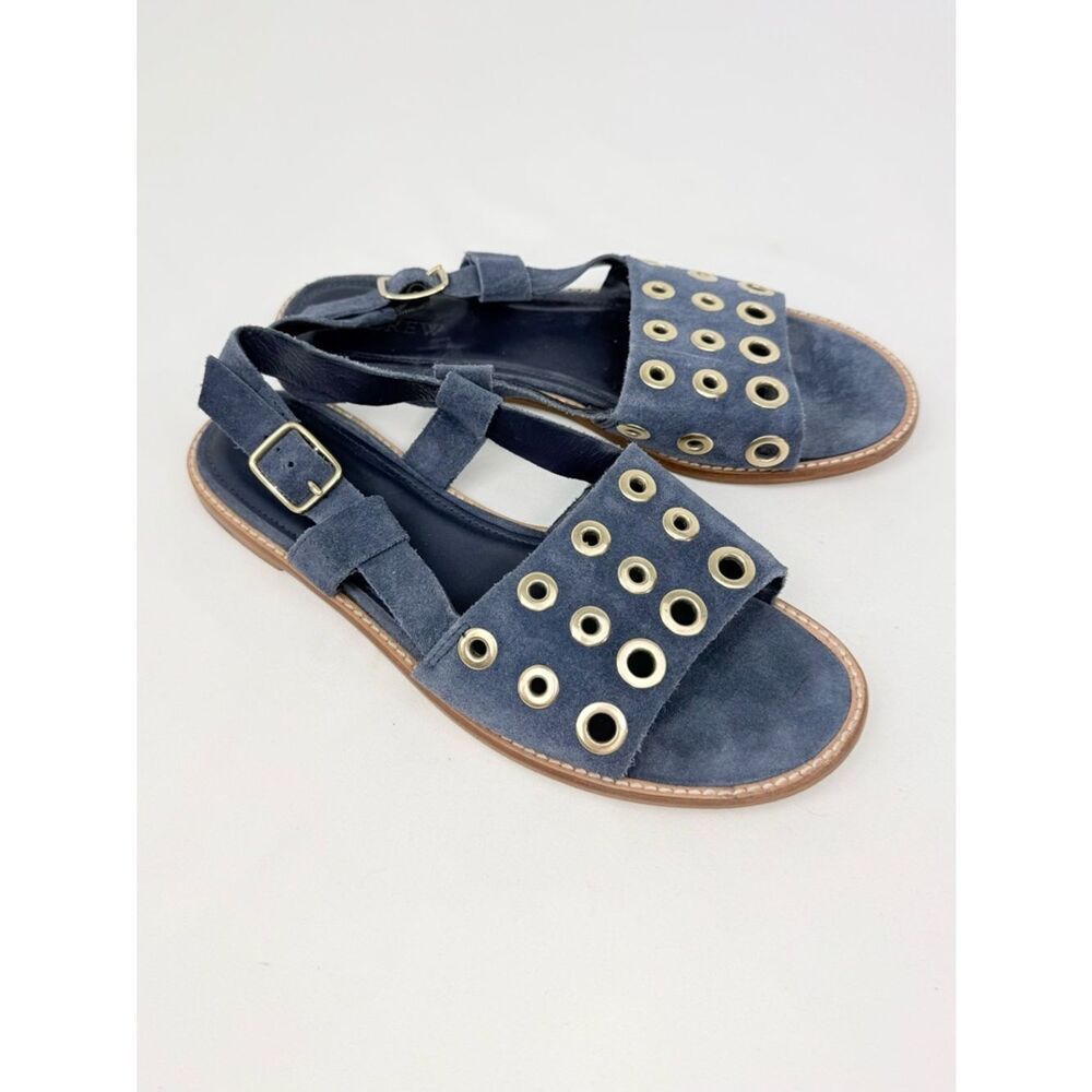 J. Crew Blue Suede Leather Gold Grommet Slingback Nautical Flat Sandals - Picture 4 of 14